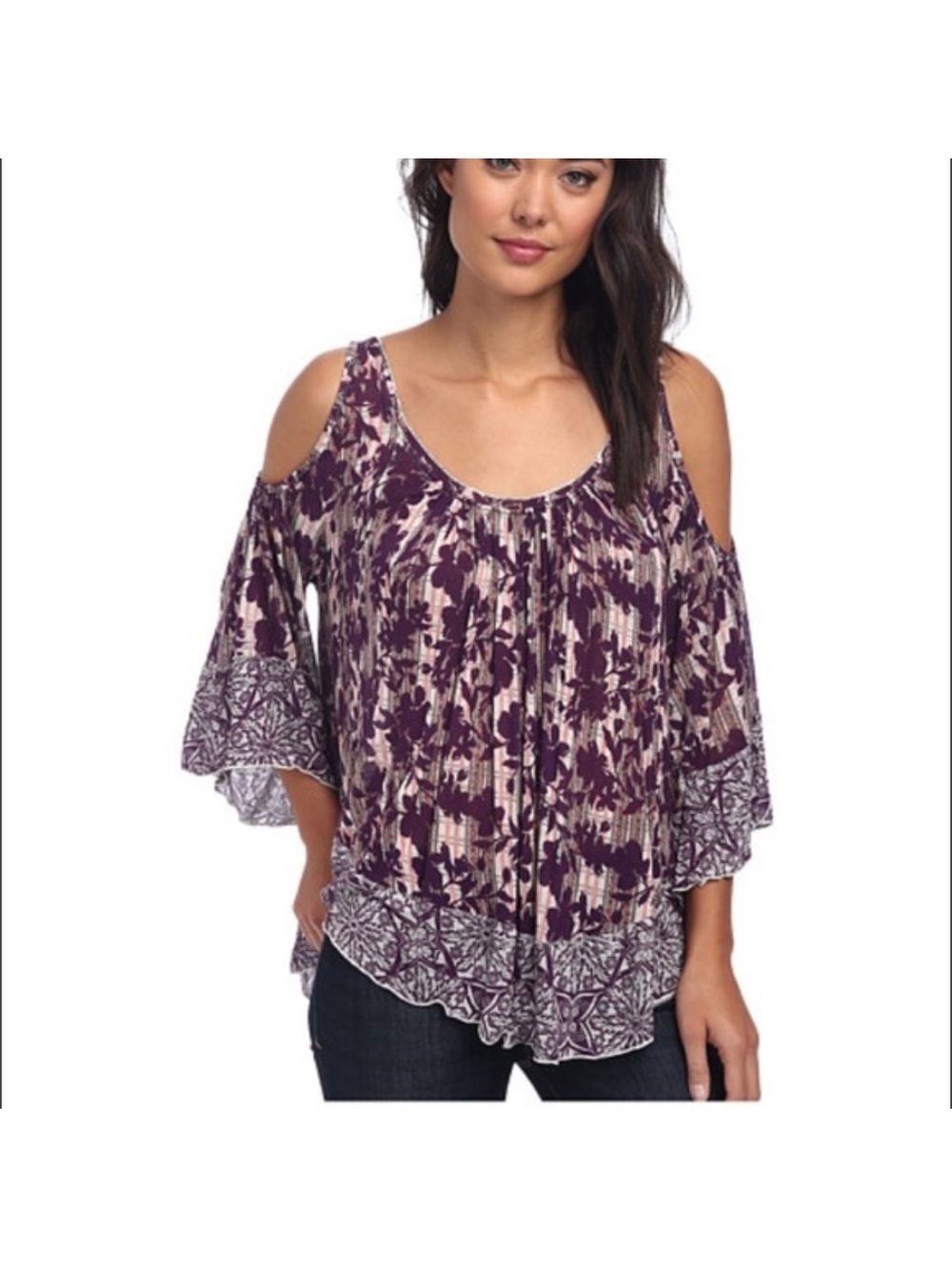 Free People Chloe Cold Shoulder Tee Size Small NEW Light Peach Combo